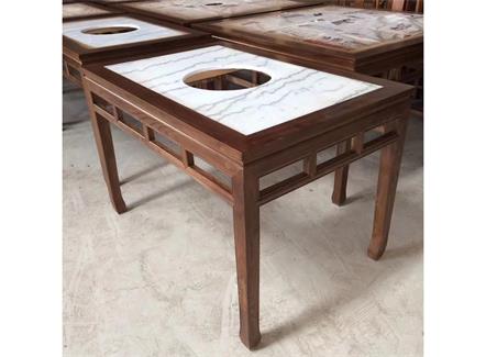 仿古中式实木边框镶嵌大理石台面电磁炉火锅桌椅