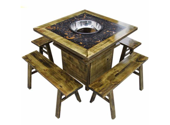 实木边框镶嵌大理石柜式火锅桌椅