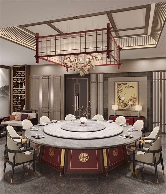酒店会所新中式大理石台面电动餐桌