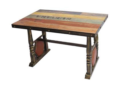 实木餐桌面铁艺复古西餐桌_铜钉贴片围边餐桌