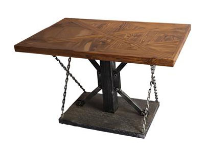 长方形工业铁艺_实木桌面米子结构餐桌_锁链拉桌